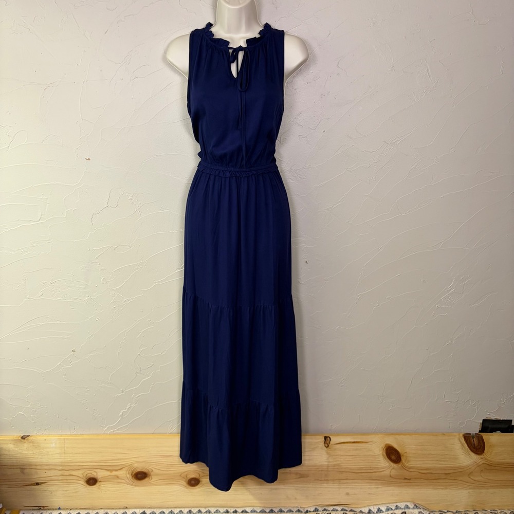 KIRUNDO‎ Tiered Maxi Dress Women Small Navy Blue Sleeveless Ruffle Neck Boho